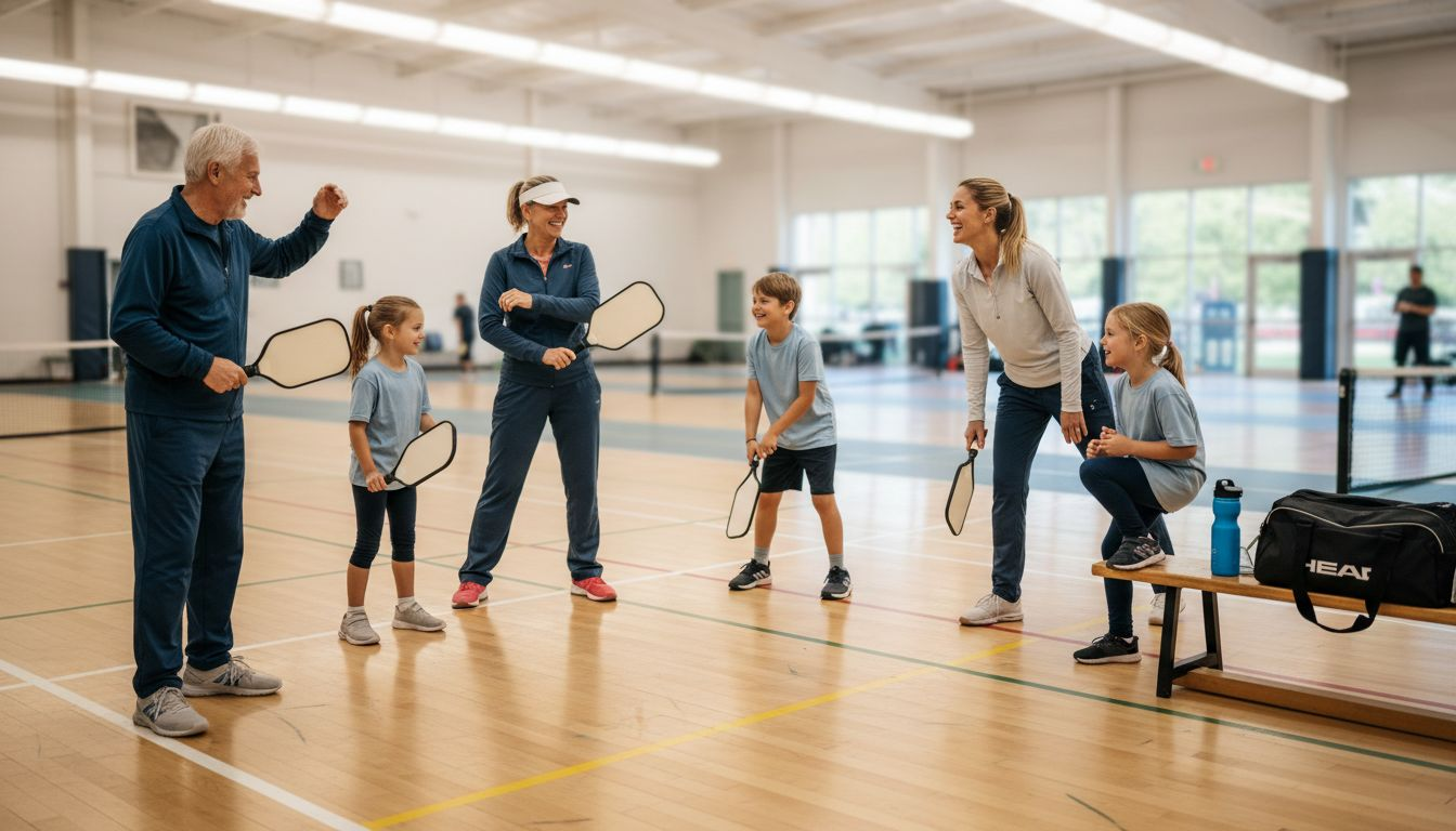 Family preparing for indoor pickleball match