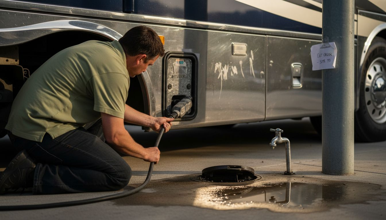 Technician connecting luxury RV utilities