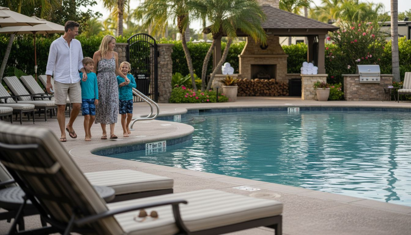 Family passing luxury RV resort pool area