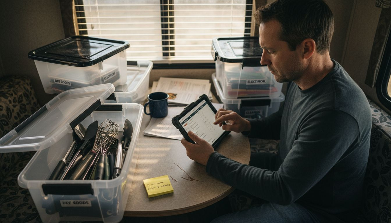 Man updating RV supplies checklist