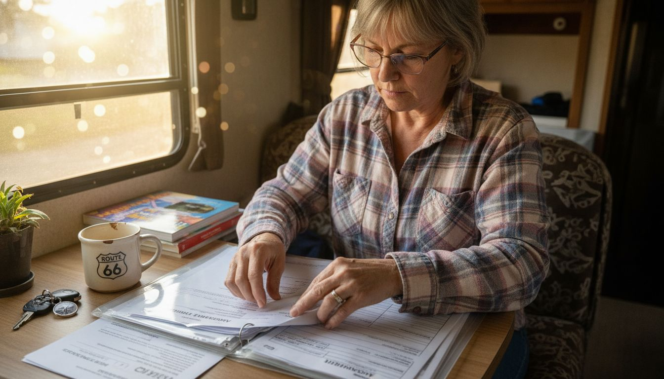 Woman organizing RV checkin documents folder
