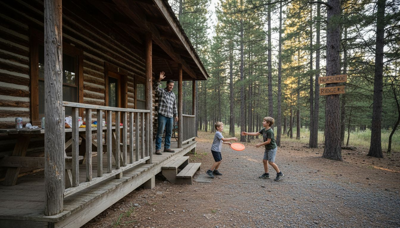 Family enjoying rustic cabin exterior