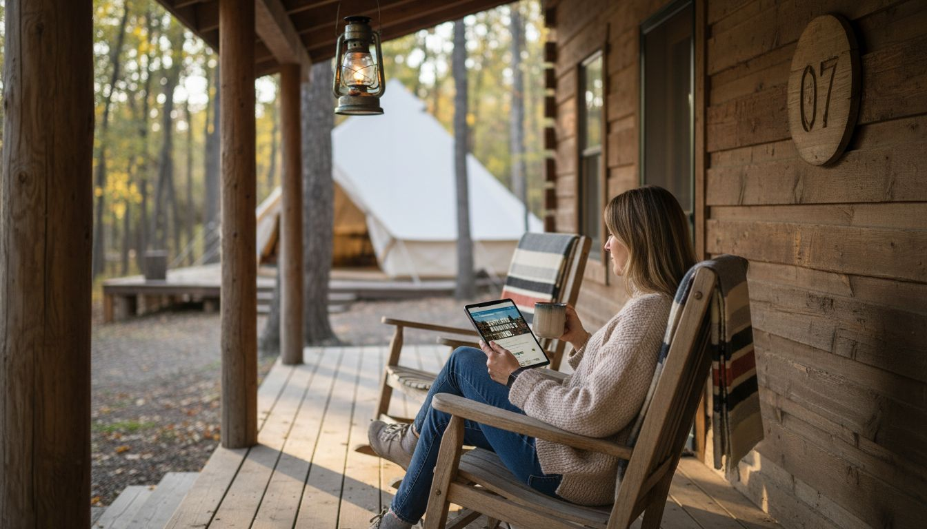 Traveler relaxing at luxury glamping cabin