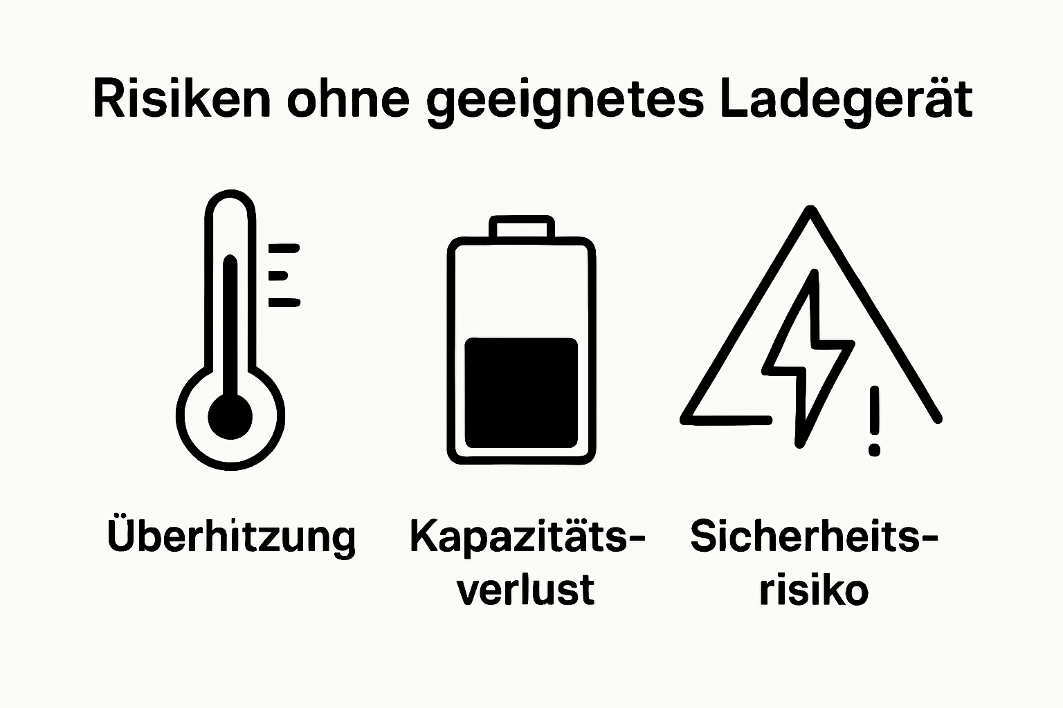 Infografik mit Icons für Überhitzung, Kapazitätsverlust, Sicherheitsrisiko bei Lithium-Ionen-Akkus