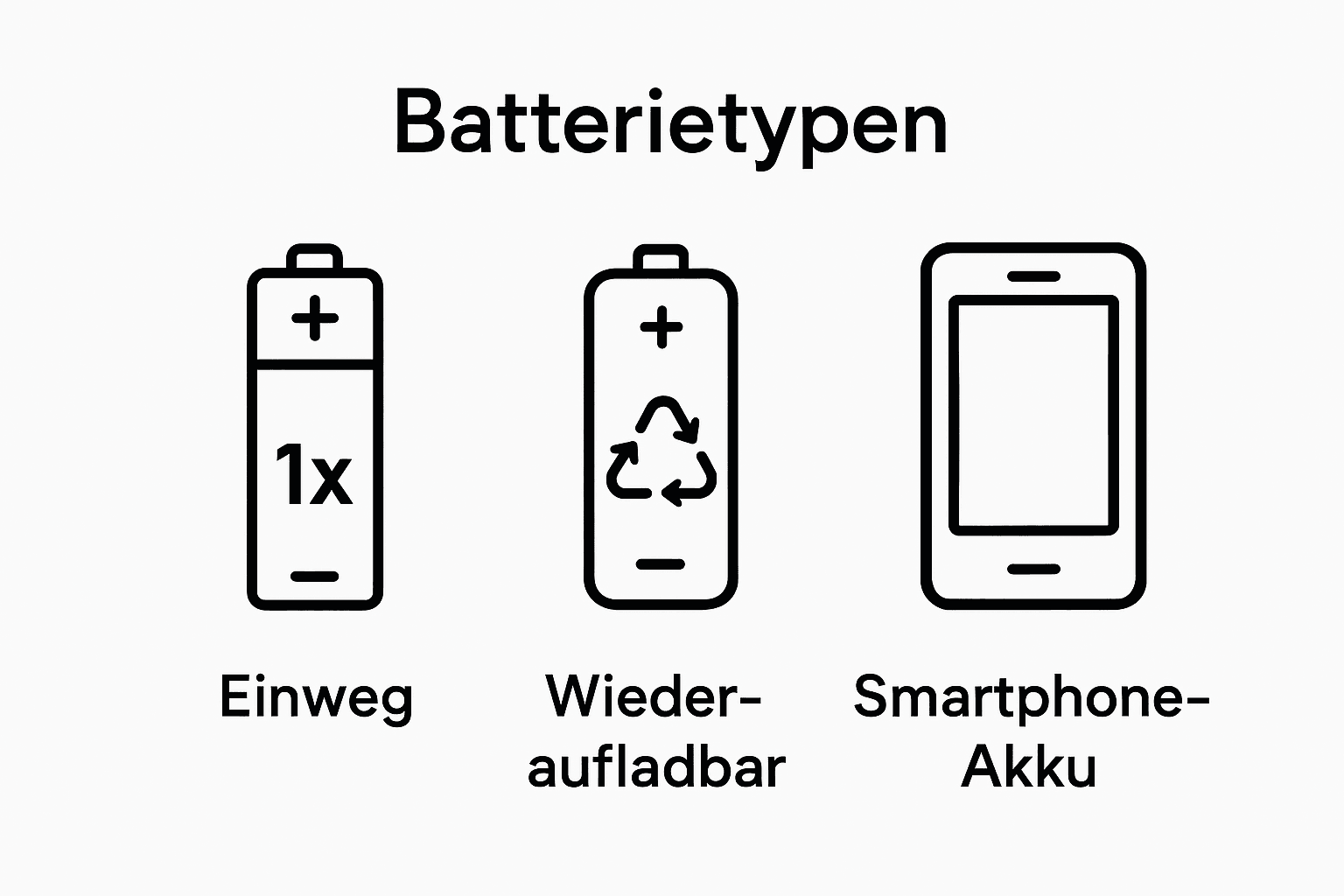 Visual comparison of three battery categories: single-use, rechargeable, and device-integrated batteries.