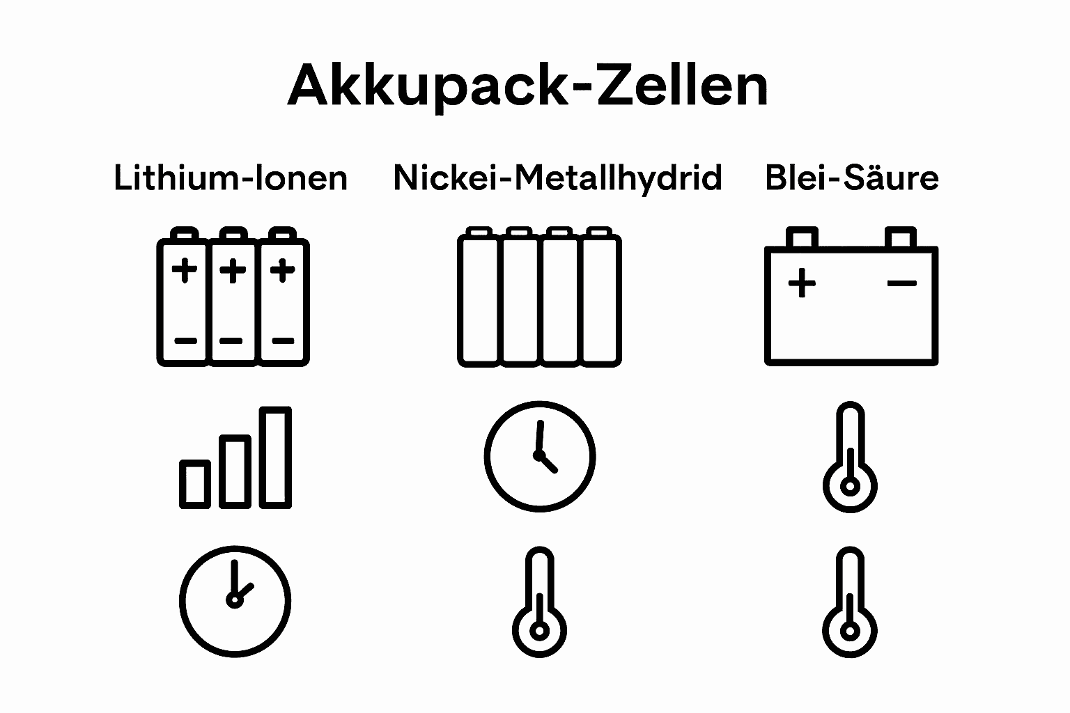 Bild vergleicht Akkupack-Zellen: Lithium-Ionen, NiMH, Blei-Säure