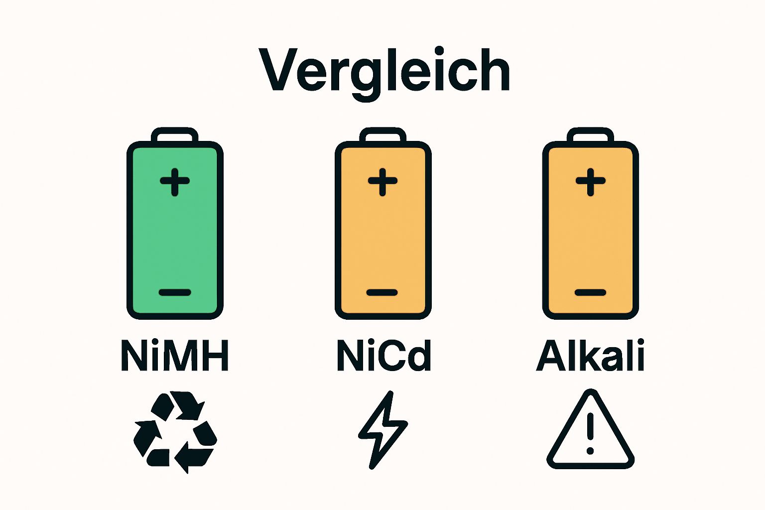 Vergleich NiMH, NiCd und Alkali Batterien als Icons