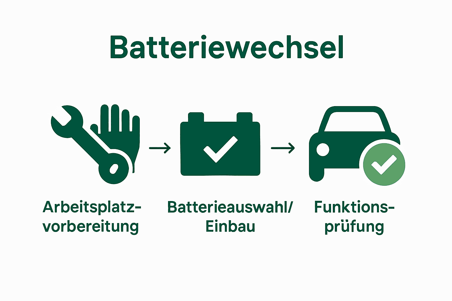 Infografik mit Icons zu Vorbereitung, Batteriewechsel und Funktionsprüfung.