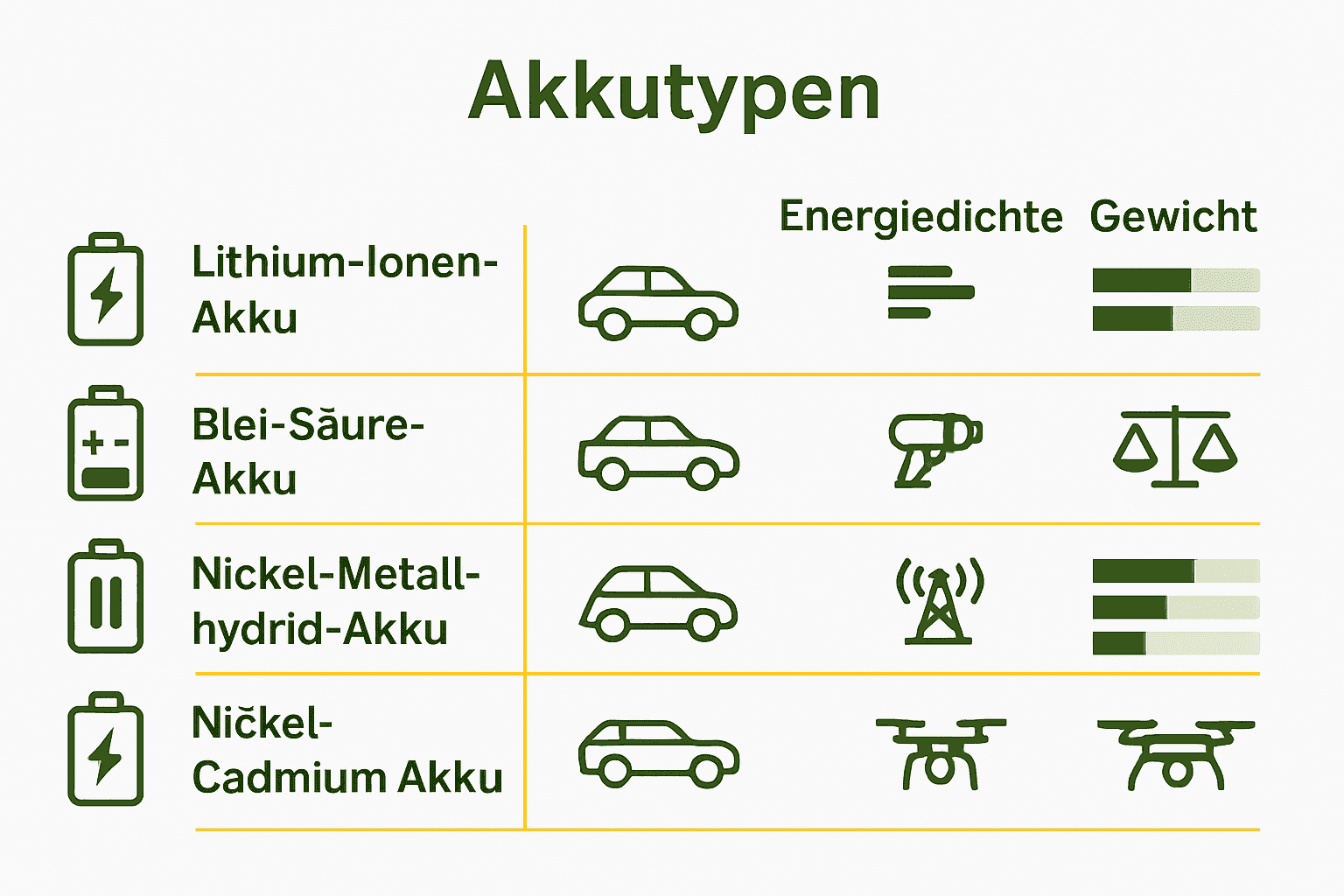 Vergleich verschiedener Ersatzakku-Typen und ihrer Eigenschaften