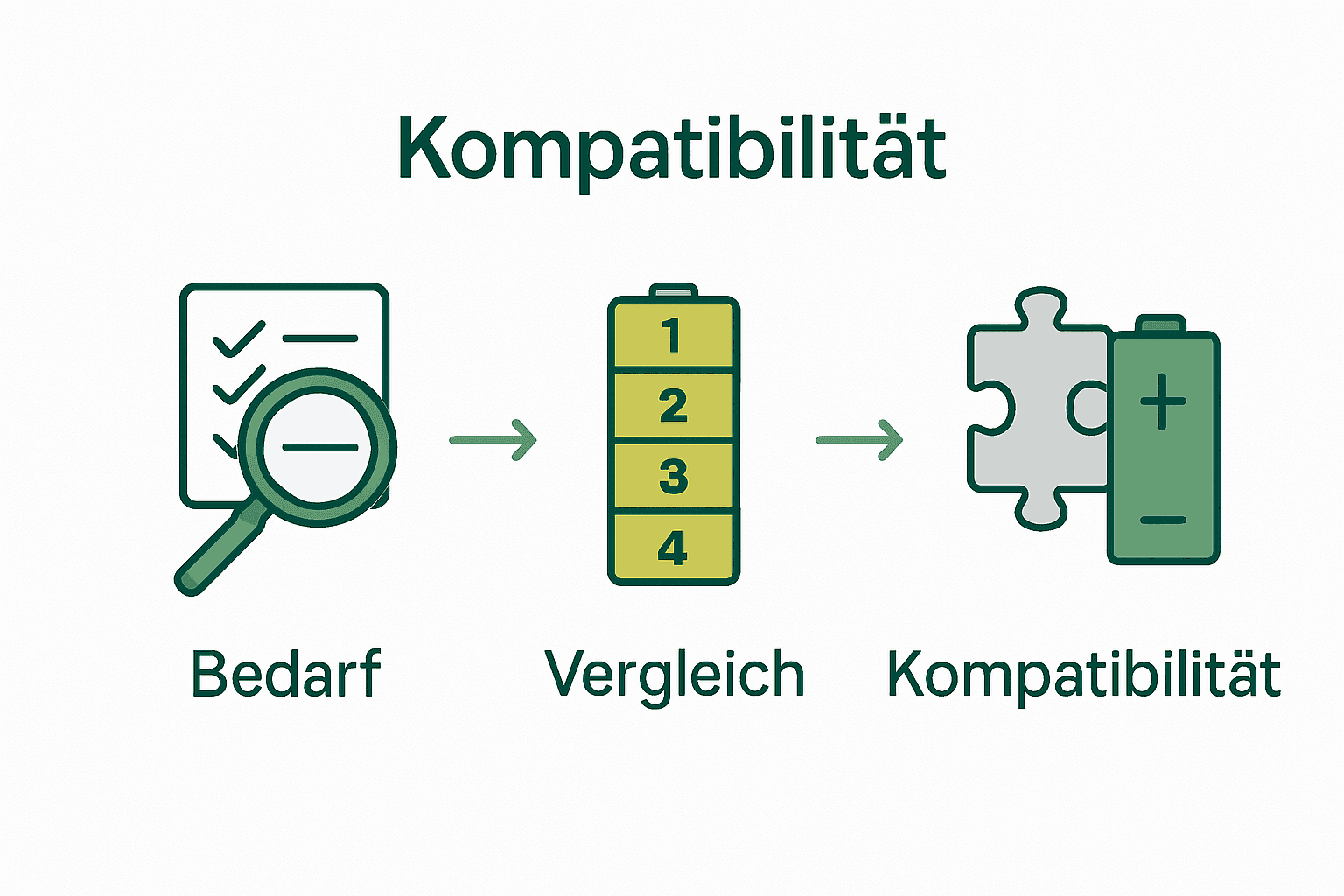 Schritt-für-Schritt-Akkuauswahl als Infografik mit Icons und Pfeilen