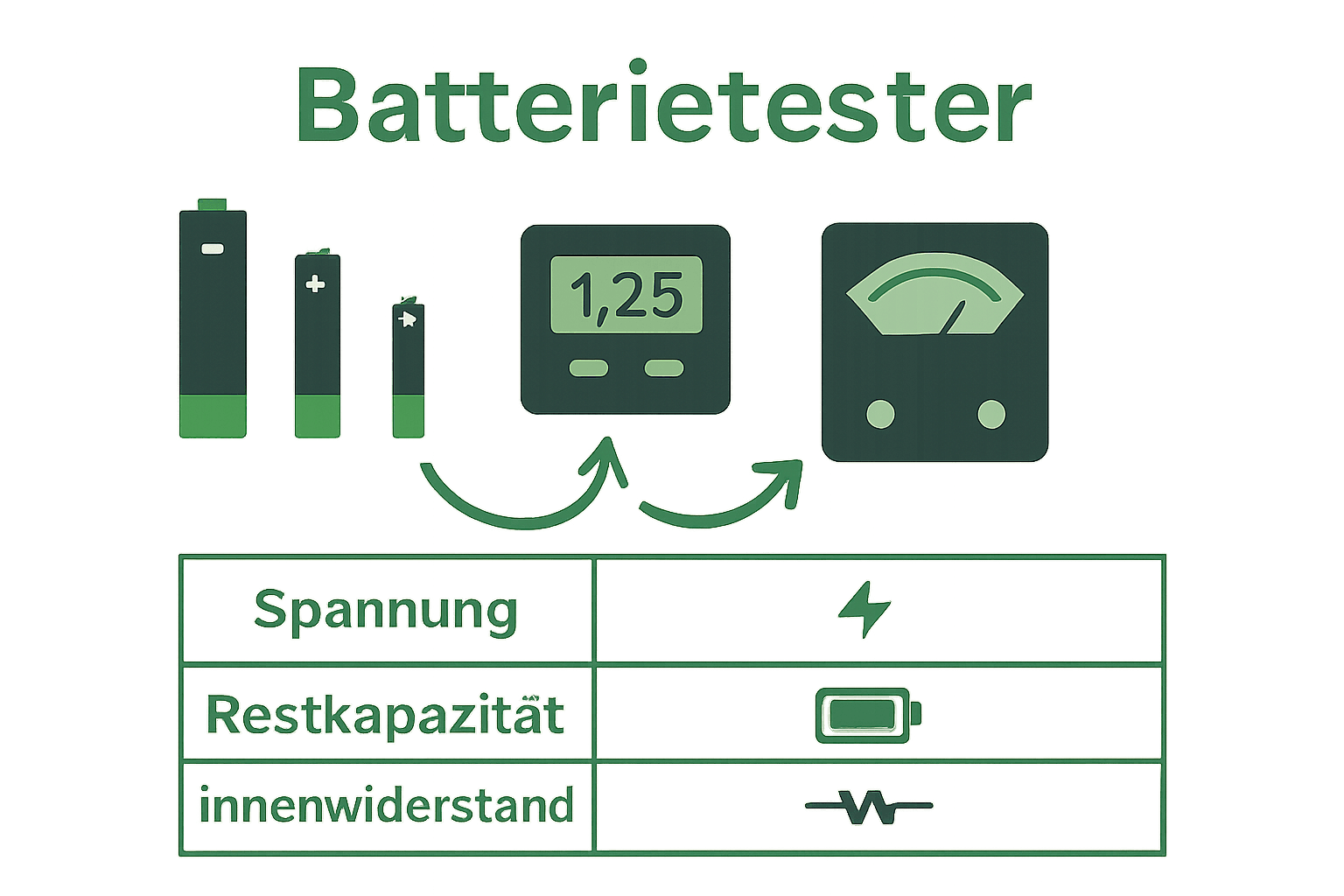Infografik Batterietestertypen und Messgrößen im Vergleich