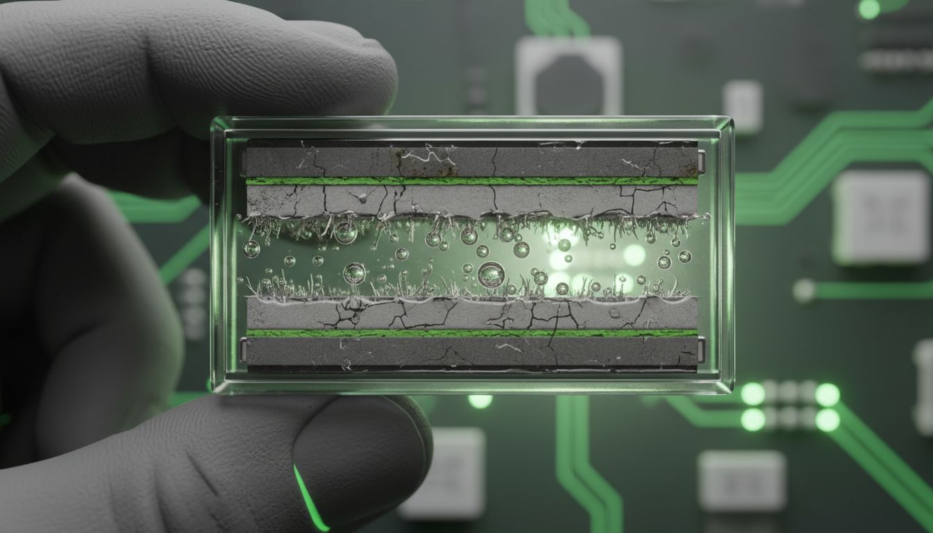 Close-up battery cell showing chemical aging