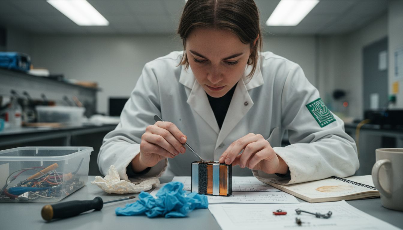 Engineer examining open lithium battery in lab