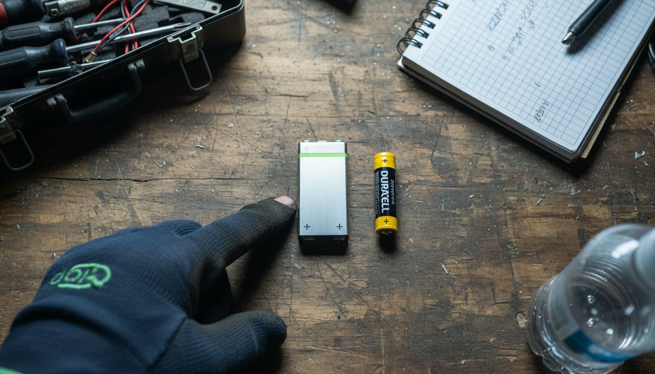 Lithium and alkaline batteries on workshop bench