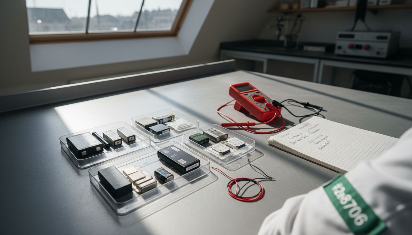 Verschiedene Spezialbatterien ordentlich auf einem Tisch ausgelegt