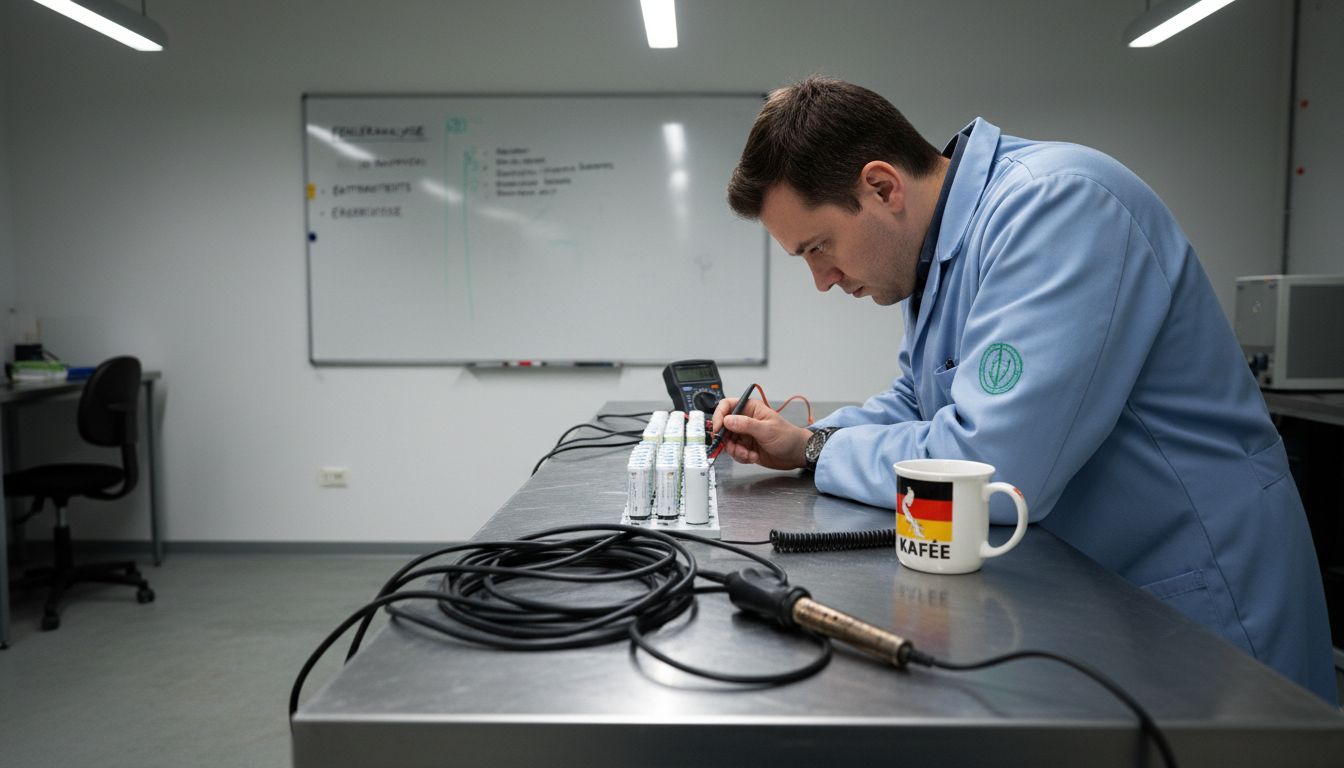 Ein Techniker überprüft die Batterien von medizinischen Geräten auf ihre Funktionsfähigkeit.
