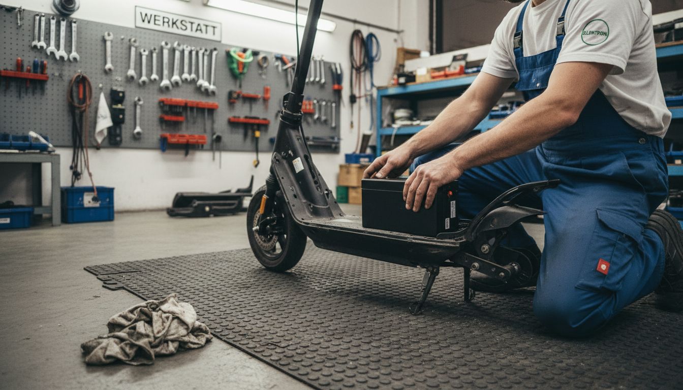Ein Techniker baut einen Lithium-Akku in einen Elektroroller ein.