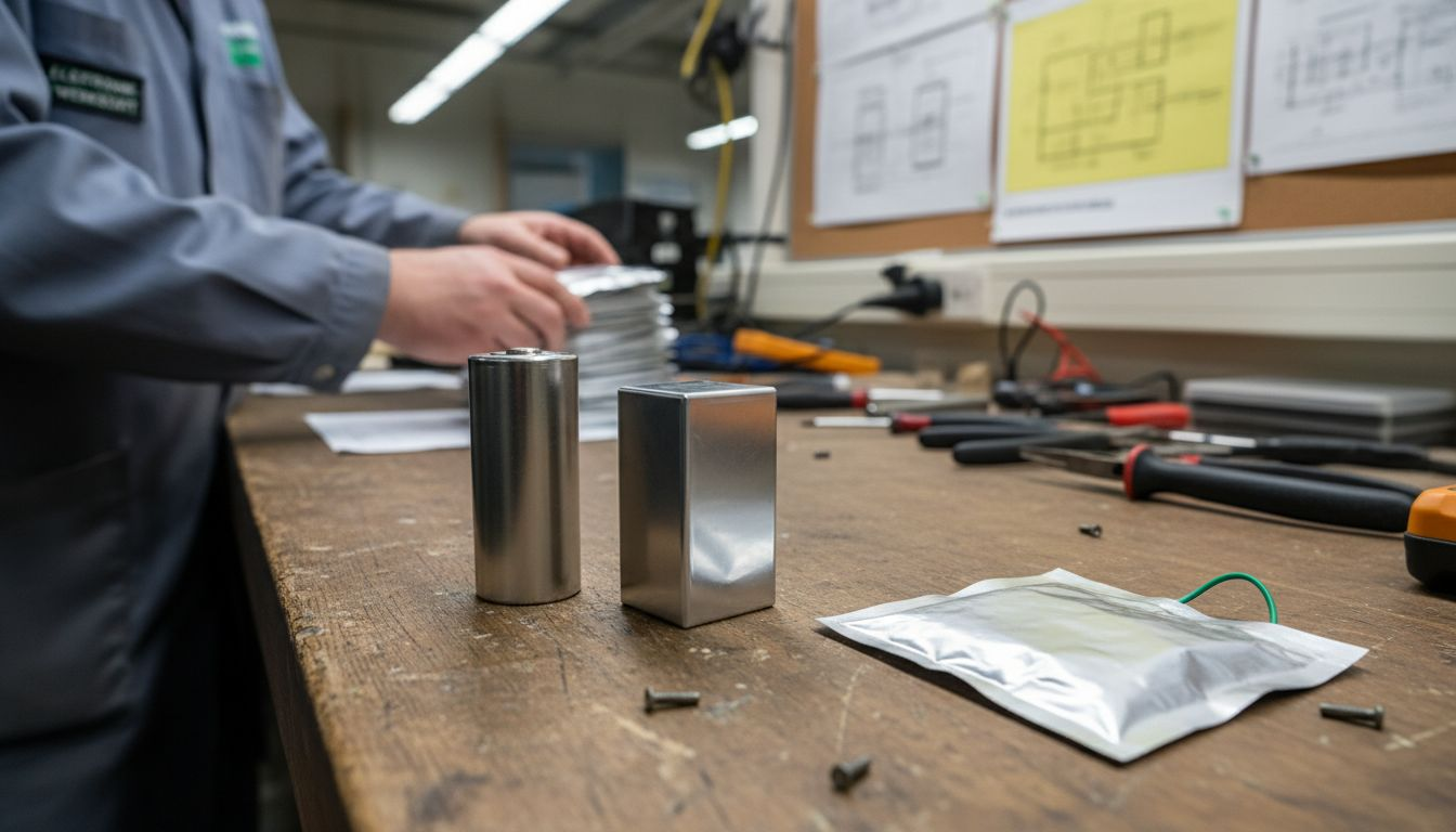 Drei verschiedene Batteriezellen liegen auf der Werkbank.