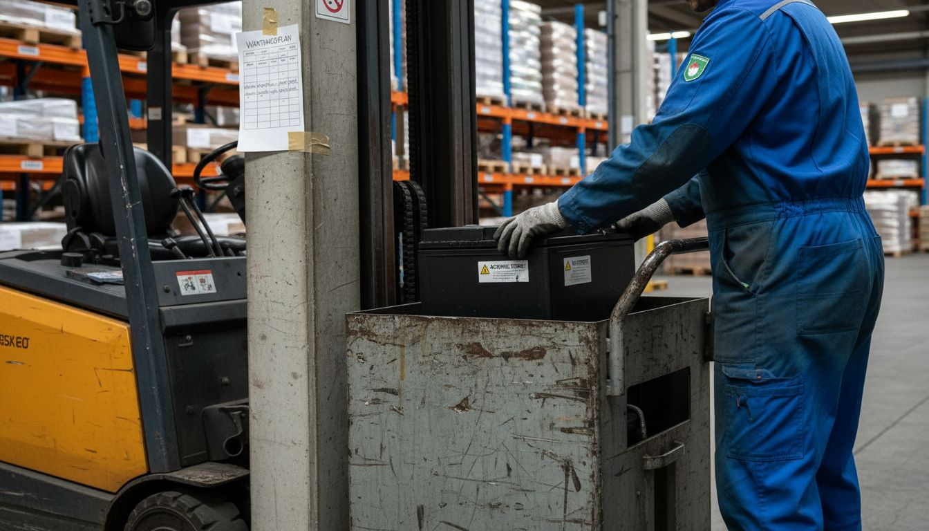 Ein Servicetechniker tauscht in der Lagerhalle die Batterie eines Gabelstaplers aus.