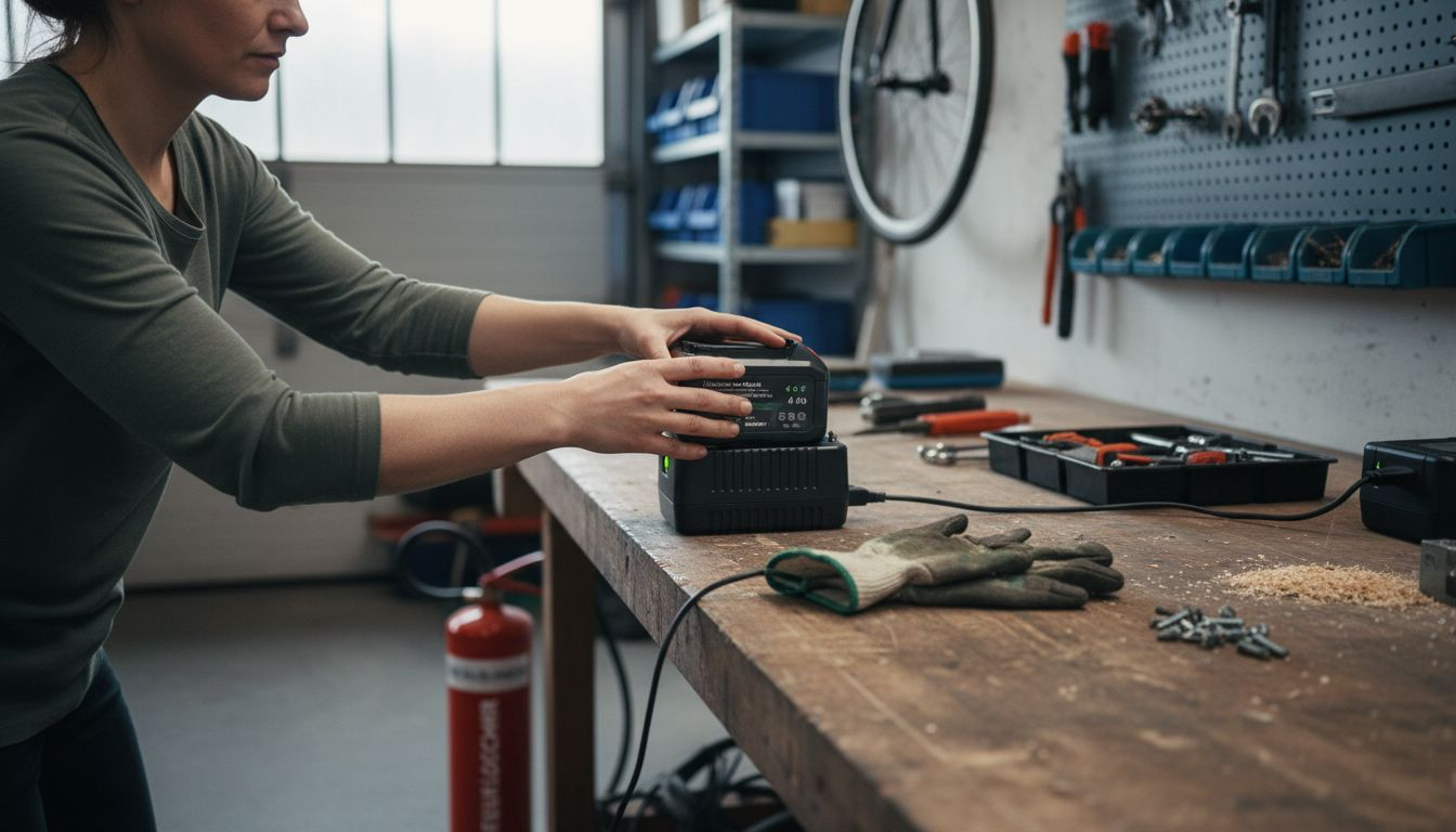 Eine Frau arbeitet an einer Lithiumbatterie auf ihrer Werkbank und bereitet sie für den Einsatz vor.