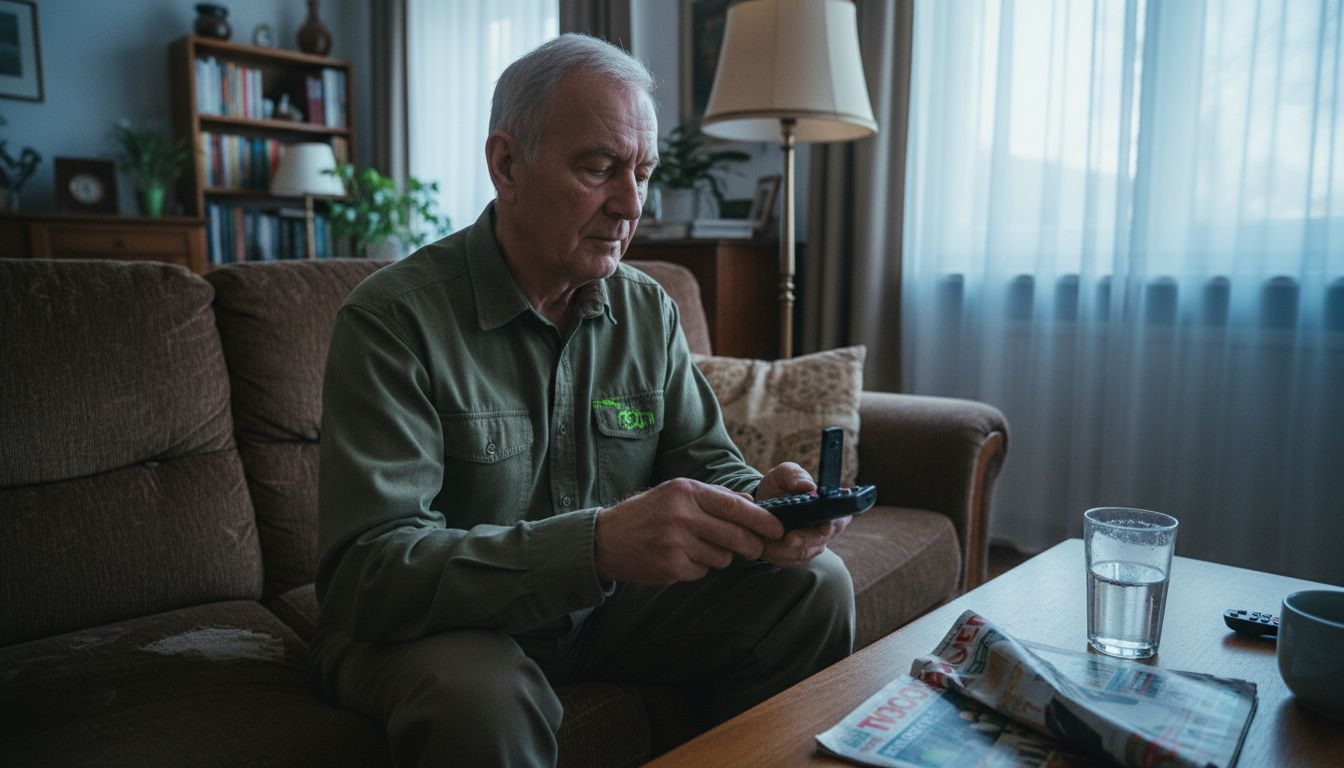 Ein älterer Herr tauscht die Batterien seiner Fernbedienung aus.