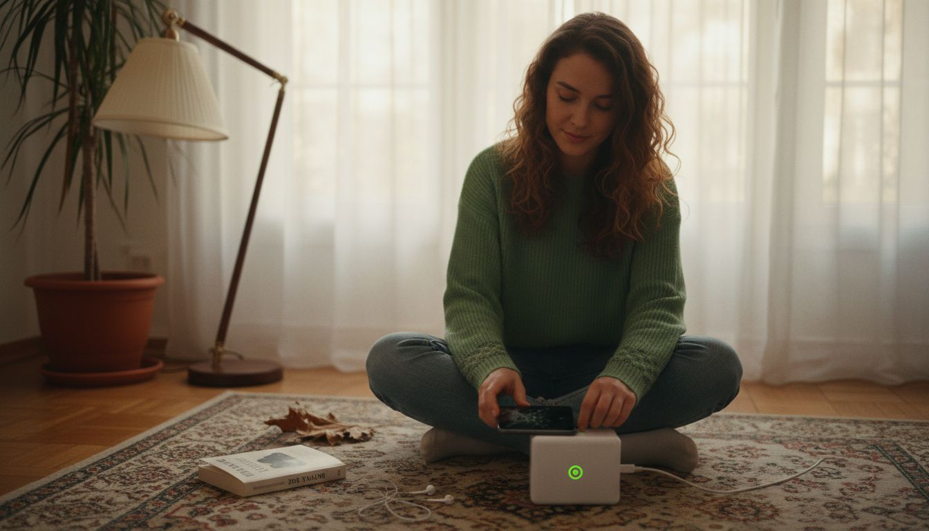 Eine Frau lädt ihr Smartphone mit einem Schnellladegerät auf.
