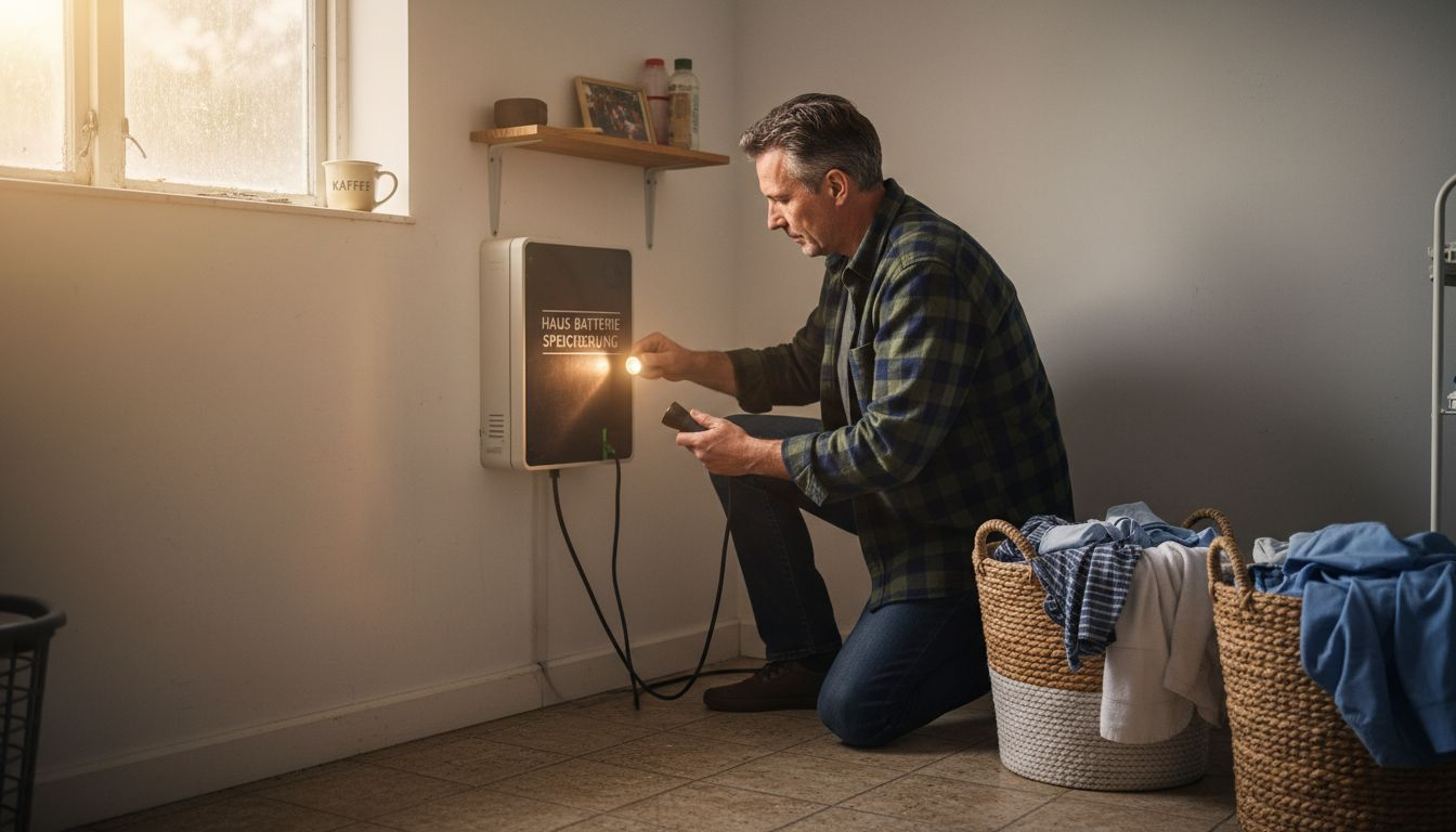 Ein Mann installiert eine Stromspeicherbatterie für sein Zuhause.