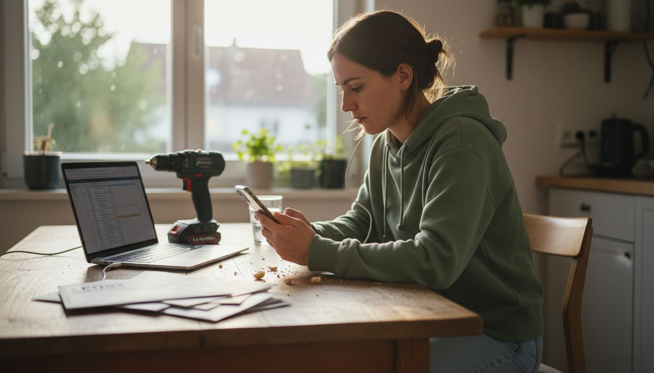 Eine Frau nutzt im Alltag verschiedene akkubetriebene Geräte in ihrem Zuhause.