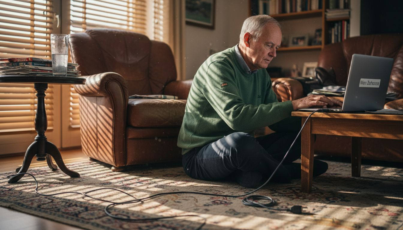 Ein älterer Herr schließt im Wohnzimmer seinen Laptop zum Aufladen an.