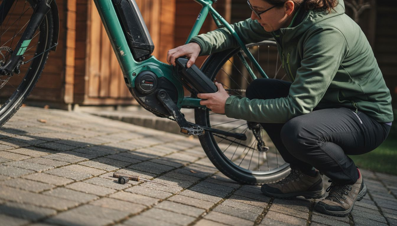 Eine Frau entnimmt den Akku aus ihrem E-Bike.