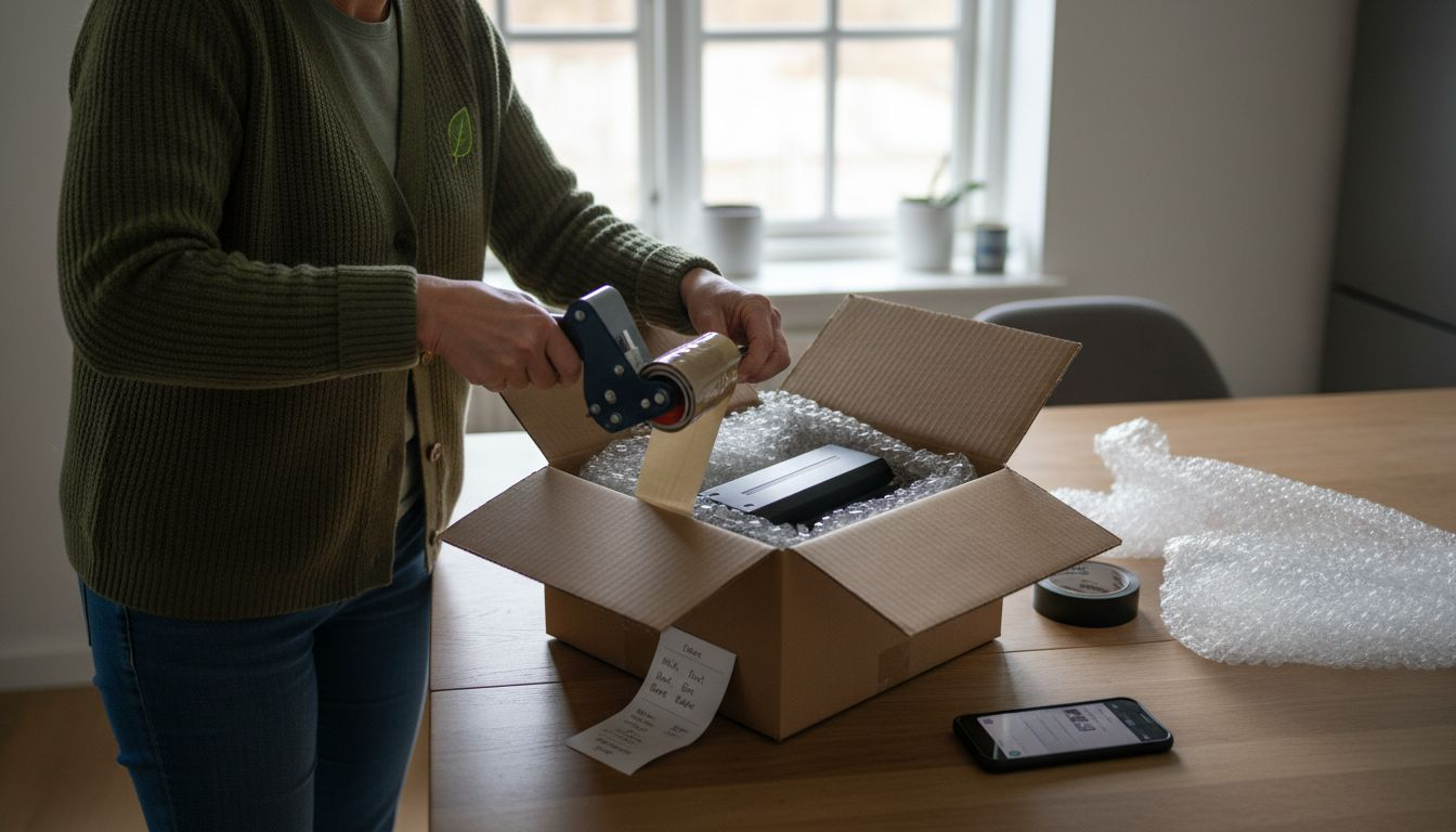 Eine Frau sorgt dafür, dass der Akku ihres E-Bikes beim Verpacken optimal geschützt ist.