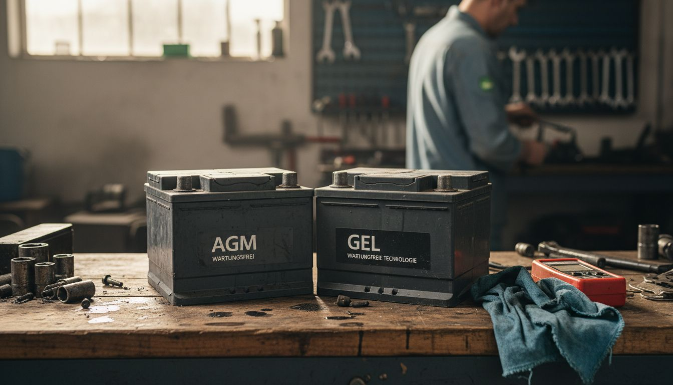 Auf der Werkbank liegen AGM- und Gel-Batterien bereit.