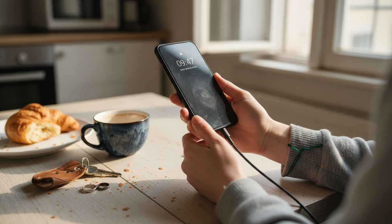 Am Küchentisch wird das Handy ans Ladekabel angeschlossen.