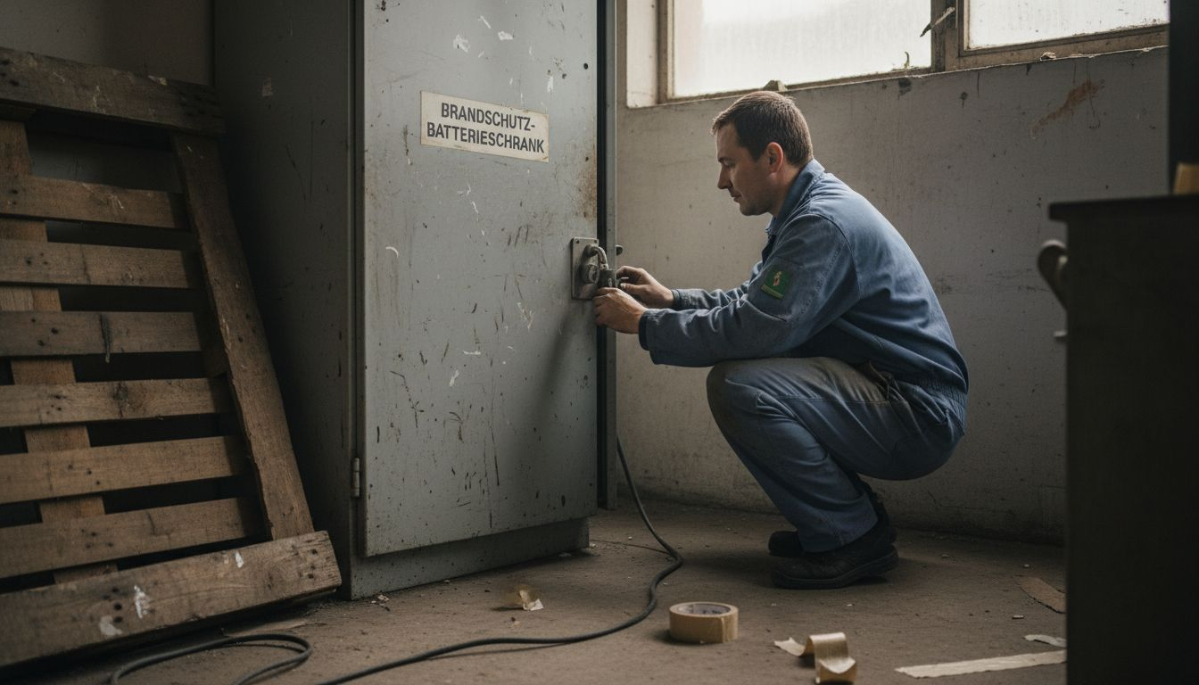 Ein Mitarbeiter inspiziert den feuerfesten Batterieschrank im Lager.