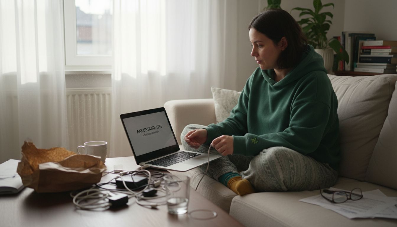 Eine Frau prüft den Akkustand ihres Laptops, bevor sie das Gerät zum Laden anschließt.