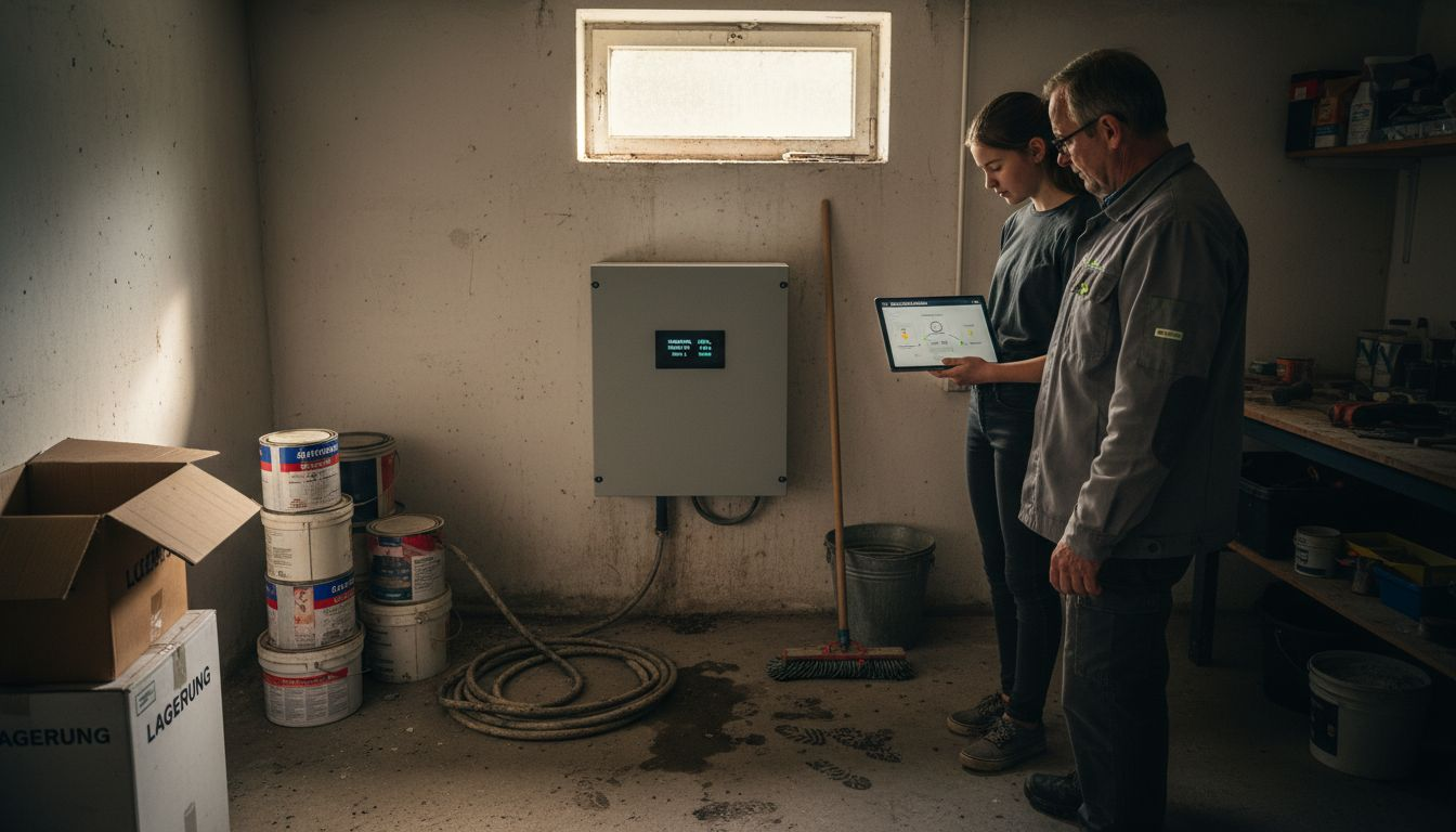 Eine Familie überlegt, einen Batteriespeicher im Keller zu installieren.