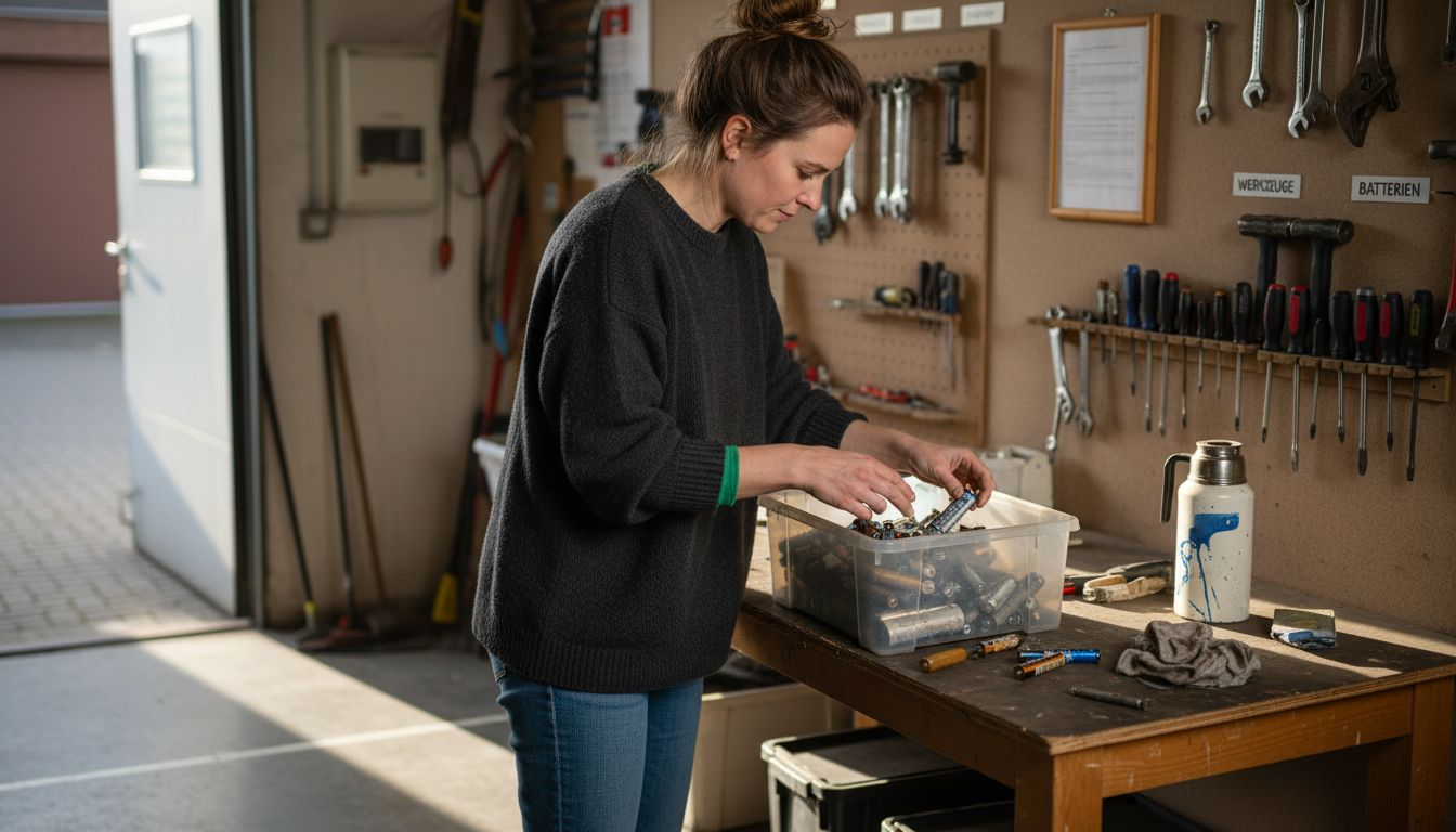 Eine Frau kontrolliert die Batterien in einer Kunststoffbox.