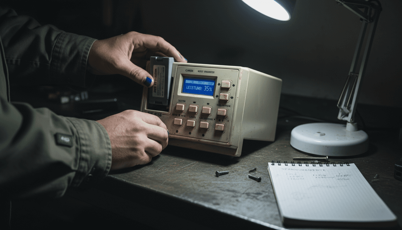 Nahaufnahme: Hände setzen eine Batterie in ein Analysegerät ein.