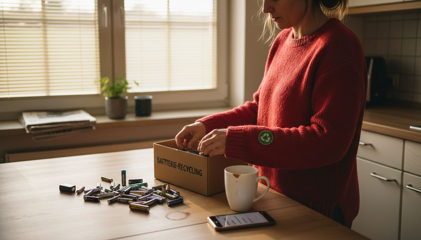 Eine Frau sortiert zu Hause gebrauchte Batterien, um sie fachgerecht zu recyceln.