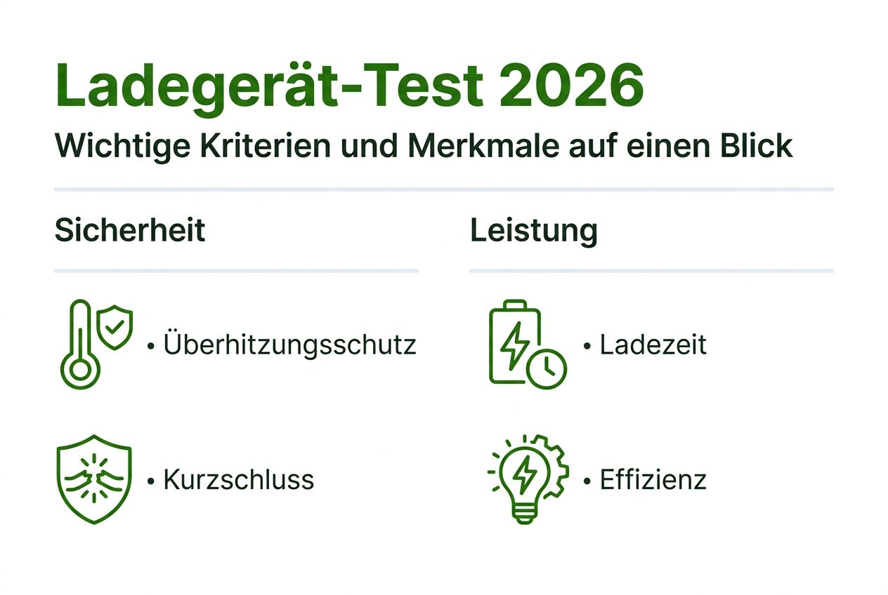 Übersicht der wichtigsten Kriterien für den Ladegerät-Test auf einen Blick