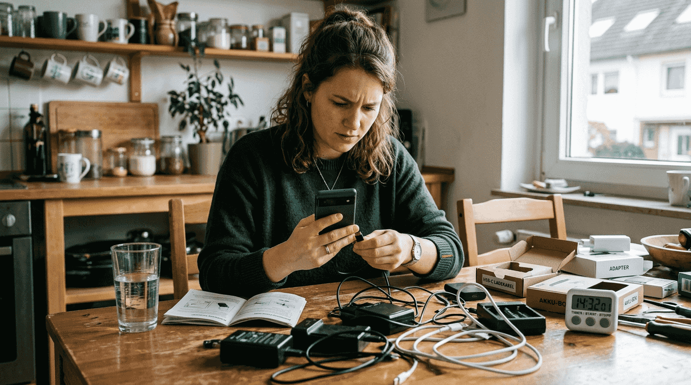 Eine Frau überprüft, wie lange ihr Handy-Ladegerät zum Aufladen braucht.