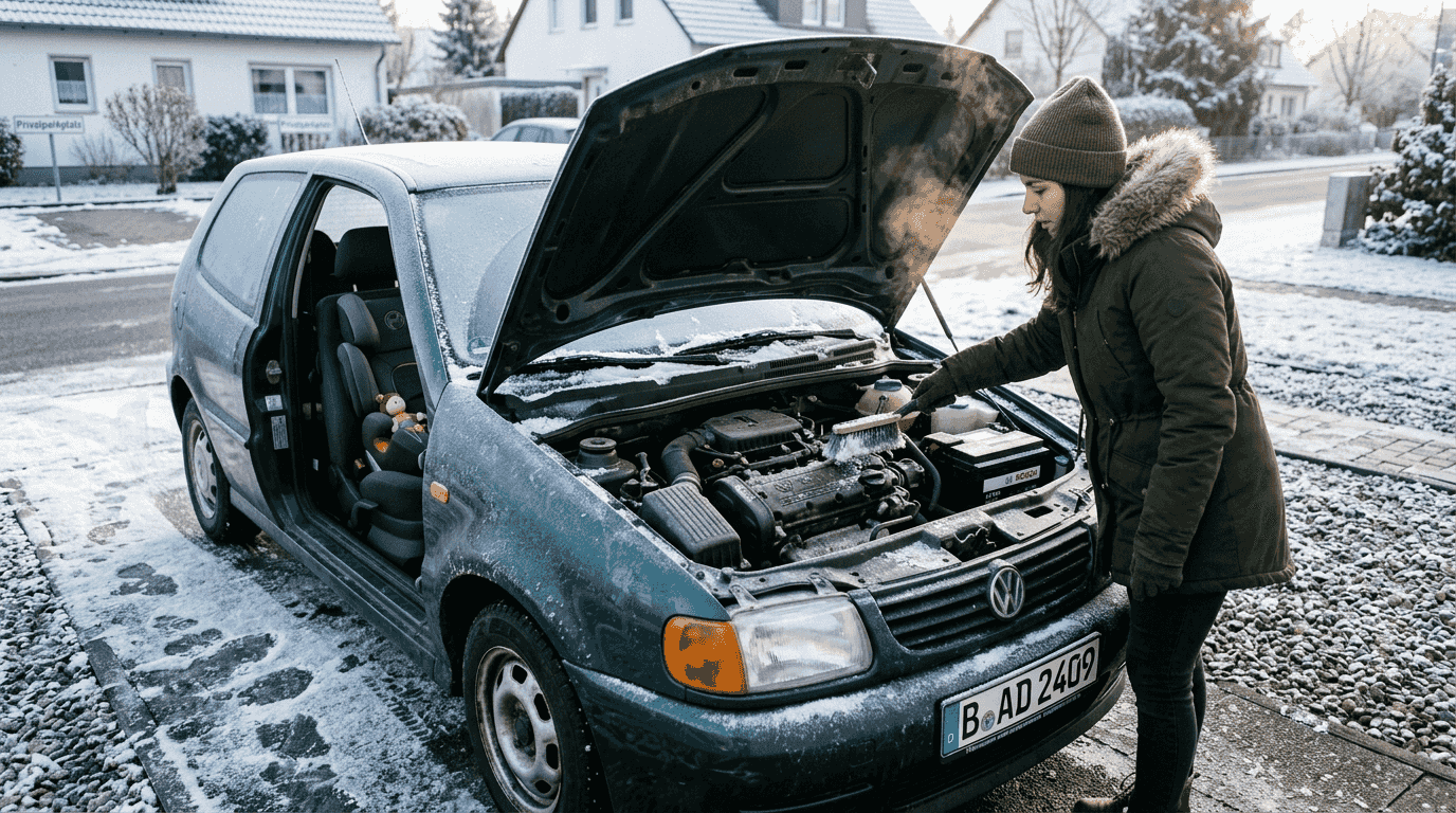 Eine Frau räumt mit einem Akku-Schneeschieber die Einfahrt vom festgefrorenen Schnee frei.