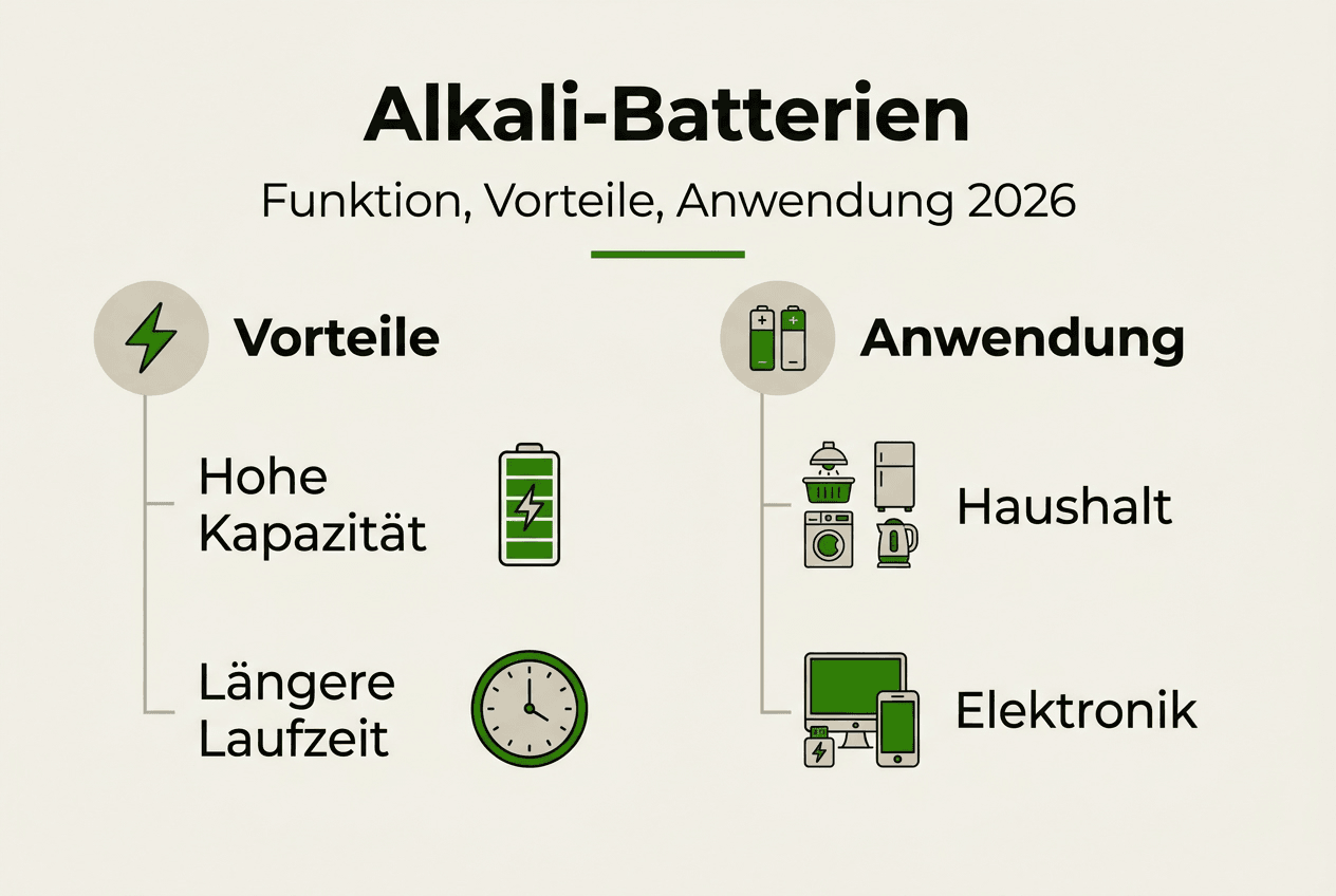 Infografik: Die wichtigsten Vorteile und Einsatzmöglichkeiten von Alkaline-Batterien auf einen Blick