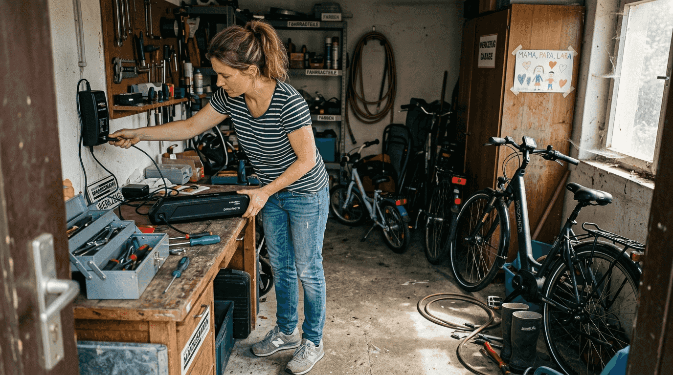 Inmitten des Familienalltags lädt eine Frau die Batterie ihres E-Bikes auf.
