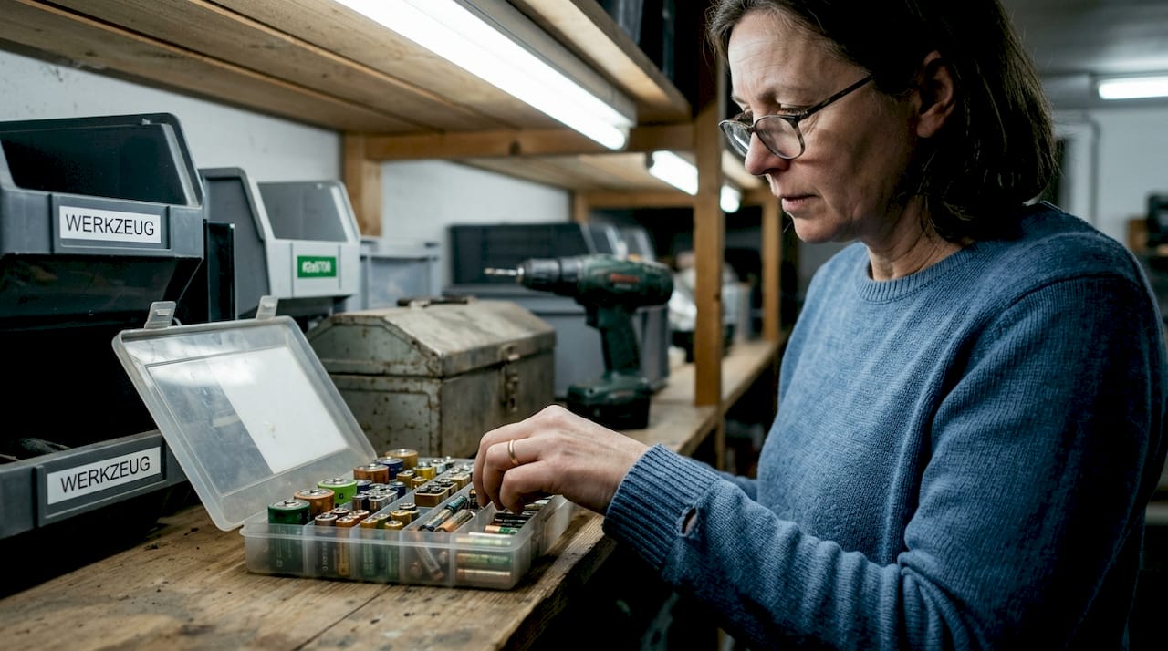 Eine Frau überprüft den Batteriespeicher zu Hause, um sicherzustellen, dass alles einwandfrei funktioniert.