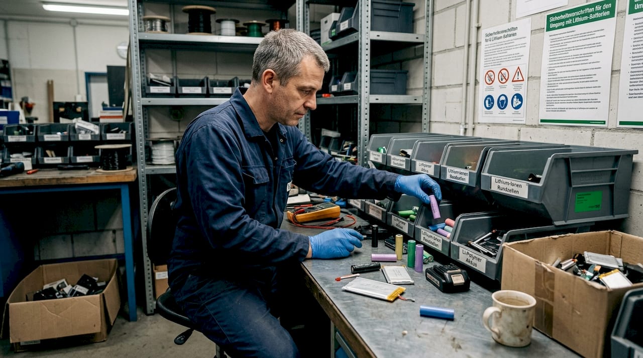 In einer Werkstatt sortiert ein Techniker verschiedene Lithium-Batterien und prüft sie auf ihre Einsatzfähigkeit.