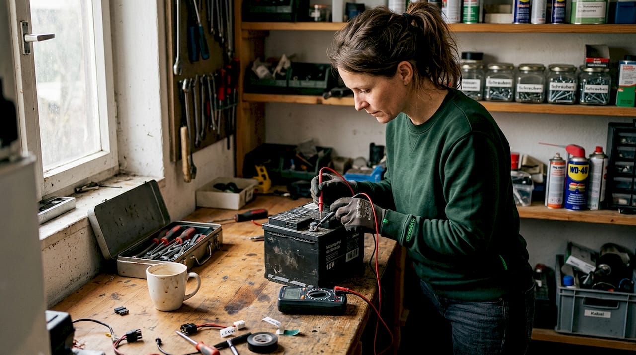 Eine Frau prüft mit einem Multimeter, wie viel Energie noch in der Batterie steckt.