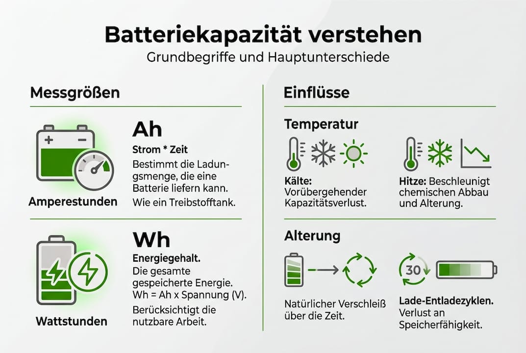 Übersichtsgrafik: Wichtige Kennzahlen zur Batteriekapazität und Einflussfaktoren