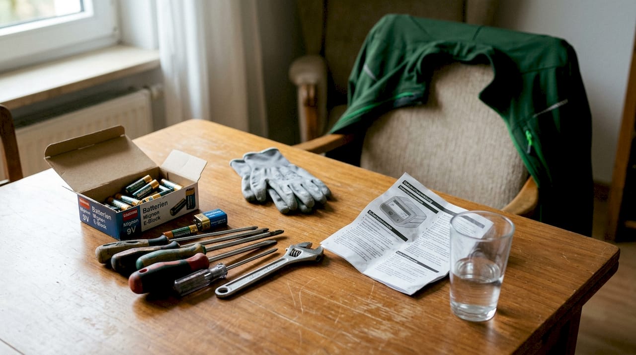 Werkzeuge und Akkus liegen einsatzbereit auf dem vorbereiteten Tisch.