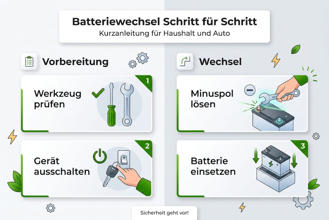 Infografik: So gelingt der Batteriewechsel – Schritte und wichtige Hinweise auf einen Blick